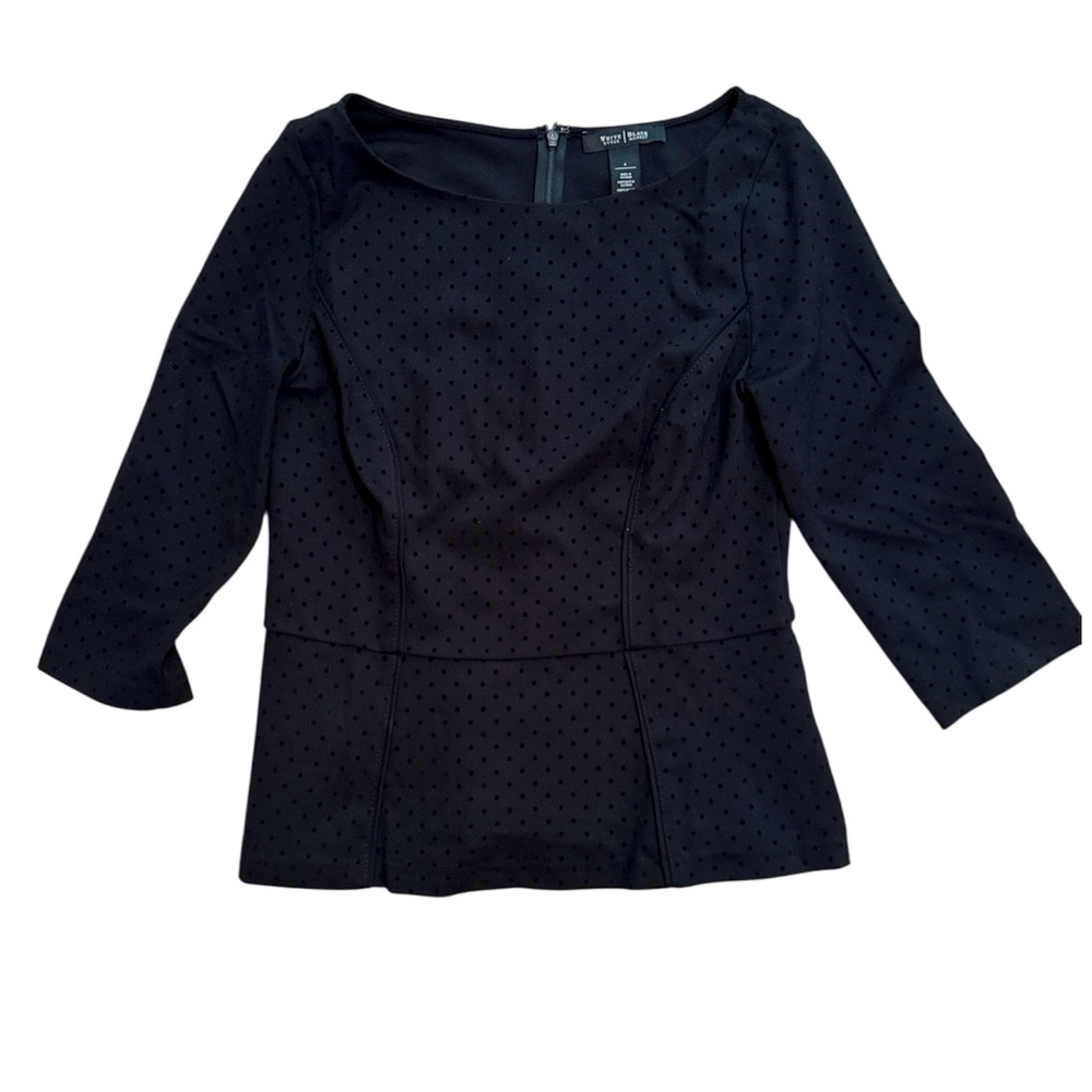 White House Black Market size 6 mid sleeve picks dotted black top